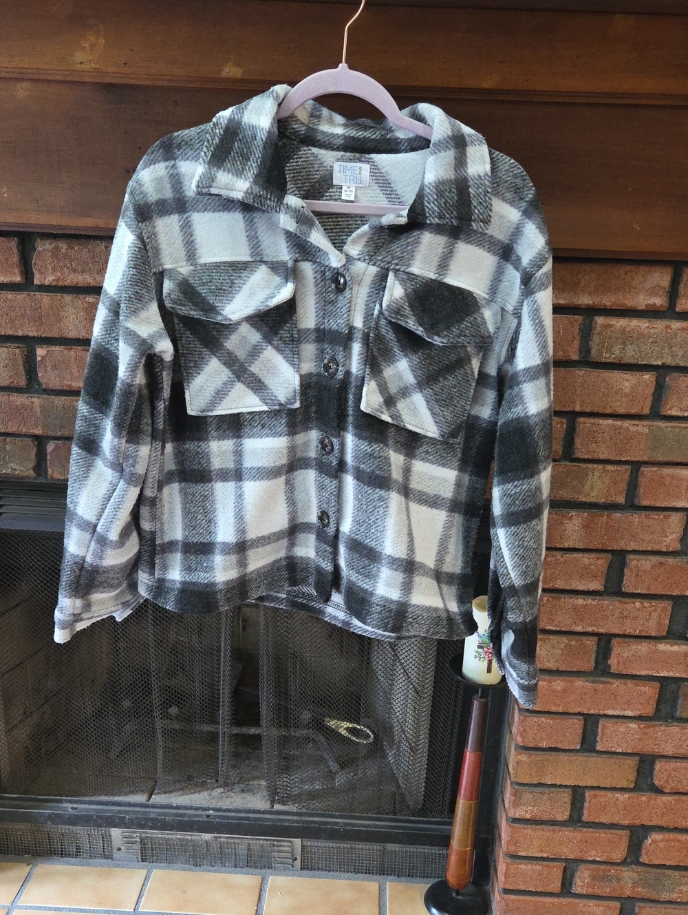 Time and Tru Black and White Plaid Button Jacket